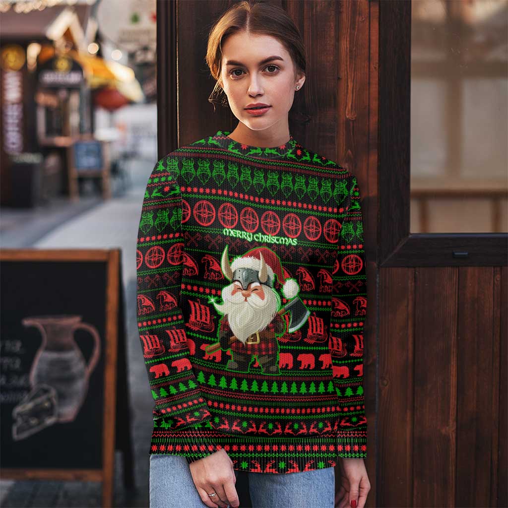 Viking Christmas Ugly Christmas Sweater with Santa Warrior Axe Nordic Symbols Red Green Black Knit Pattern Design - Wonder Print Shop