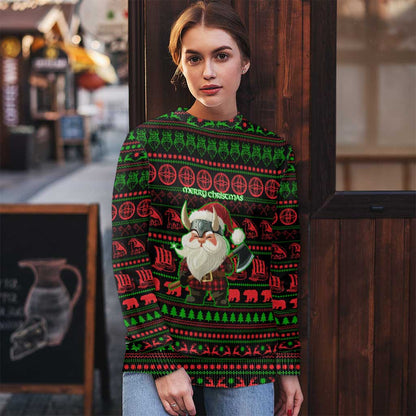 Viking Christmas Ugly Christmas Sweater with Santa Warrior Axe Nordic Symbols Red Green Black Knit Pattern Design - Wonder Print Shop