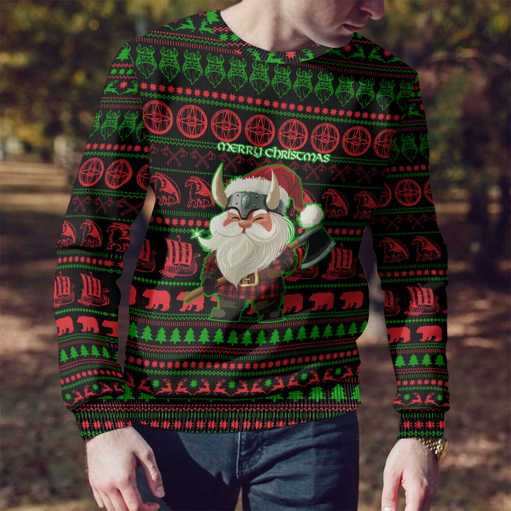 Viking Christmas Ugly Christmas Sweater with Santa Warrior Axe Nordic Symbols Red Green Black Knit Pattern Design - Wonder Print Shop