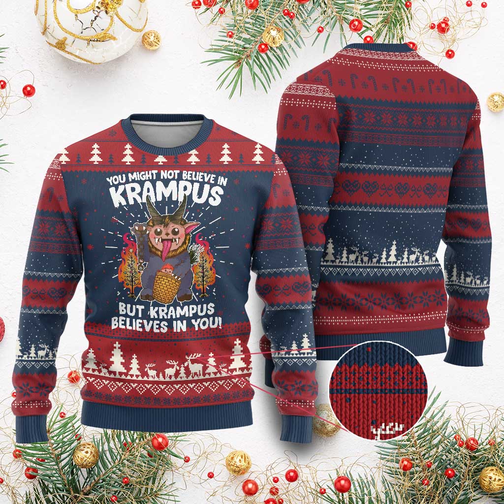 Cute Krampus Ugly Christmas Sweater Believes In You Germanic Christmas Demon Horror