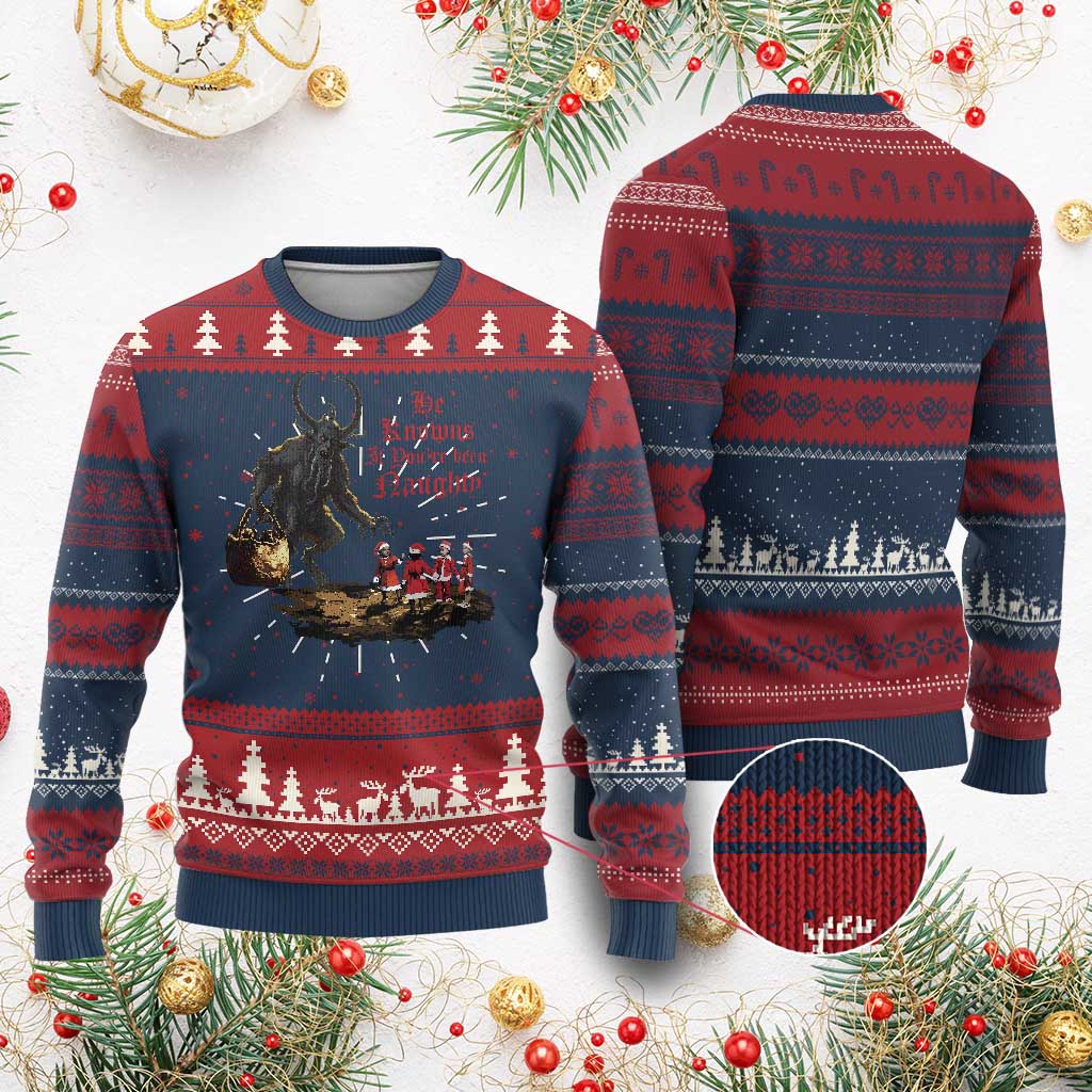 Xmas Krampus Ugly Christmas Sweater He Knows If You've Been Naughty - Wonder Print Shop