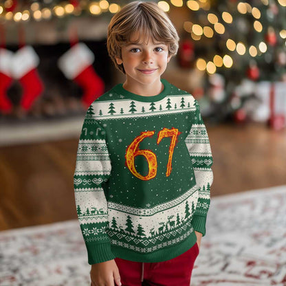 Fire Flame Number 67 Ugly Christmas Sweater Funny Six Seven Gen Alpha Slang Meme Sports Team Jersey