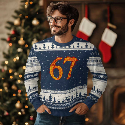 Fire Flame Number 67 Ugly Christmas Sweater Funny Six Seven Gen Alpha Slang Meme Sports Team Jersey
