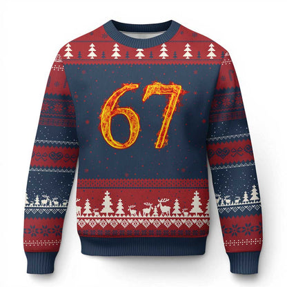 Fire Flame Number 67 Ugly Christmas Sweater Funny Six Seven Gen Alpha Slang Meme Sports Team Jersey