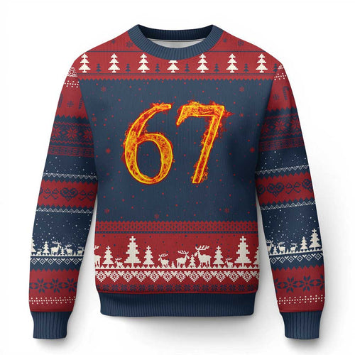 Fire Flame Number 67 Ugly Christmas Sweater Funny Six Seven Gen Alpha Slang Meme Sports Team Jersey