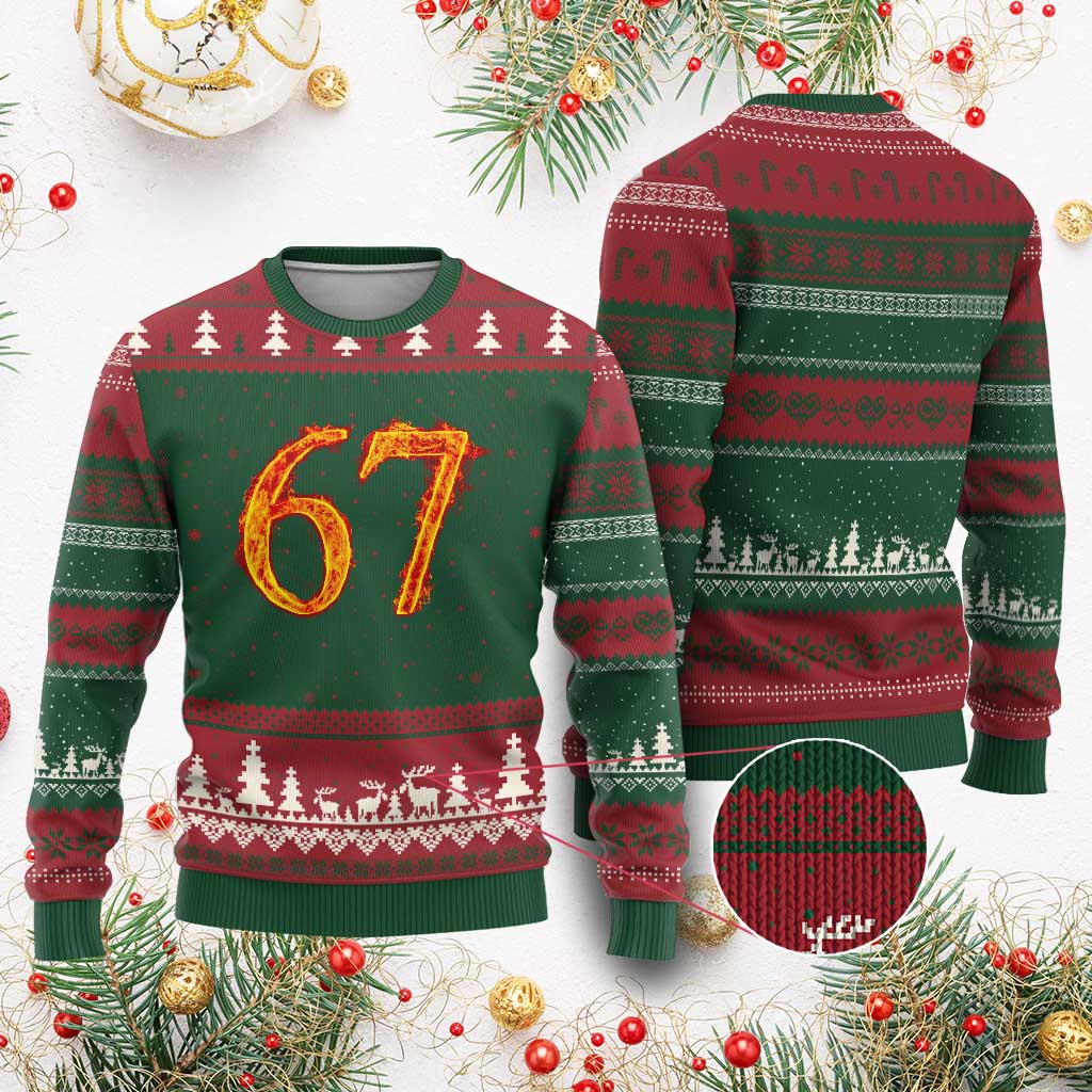 Fire Flame Number 67 Ugly Christmas Sweater Funny Six Seven Gen Alpha Slang Meme Sports Team Jersey