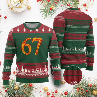 Fire Flame Number 67 Ugly Christmas Sweater Funny Six Seven Gen Alpha Slang Meme Sports Team Jersey