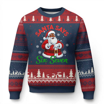 Funny Black Santa Says Six Seven Ugly Christmas Sweater Xmas 67 Meme African American Santa Gen Alpha Slang