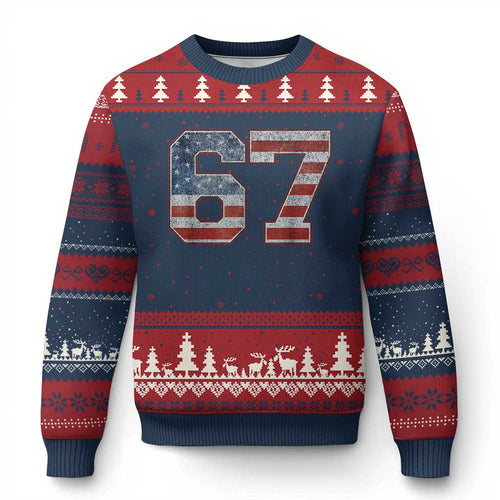Funny Six Seven 67 Meme Vintage American Flag Ugly Christmas Sweater