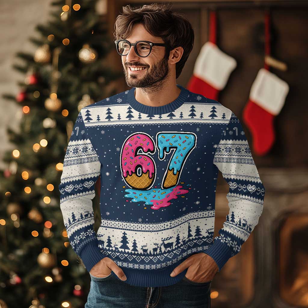 Funny 67 Ice Cream Drip Meme Six Seven Gen Alpha Slang Ugly Christmas Sweater - Wonder Print Shop