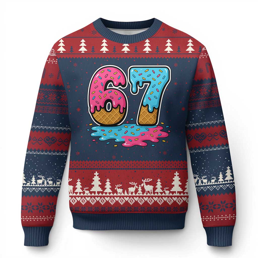 Funny 67 Ice Cream Drip Meme Six Seven Gen Alpha Slang Ugly Christmas Sweater - Wonder Print Shop