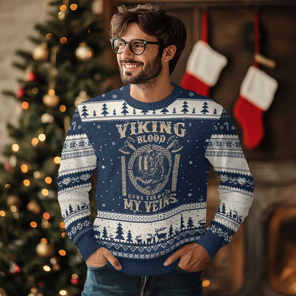 Viking Blood Runs Through My Veins Ugly Christmas Sweater Norse Mythology Drakkar Longship - Wonder Print Shop