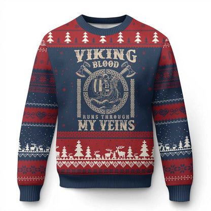 Viking Blood Runs Through My Veins Ugly Christmas Sweater Norse Mythology Drakkar Longship - Wonder Print Shop