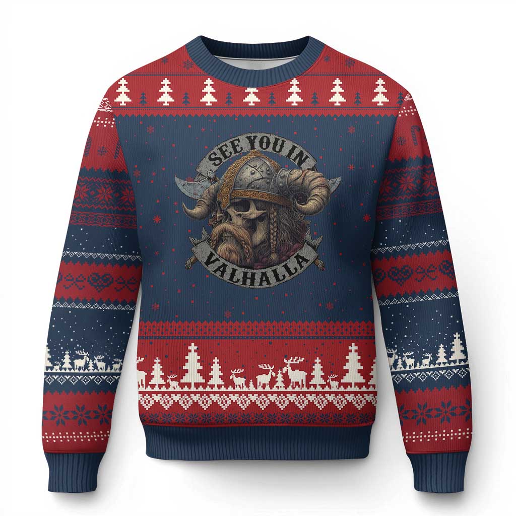 See You In Valhalla Ugly Christmas Sweater Nordic Norse Viking Warrior Skull - Wonder Print Shop