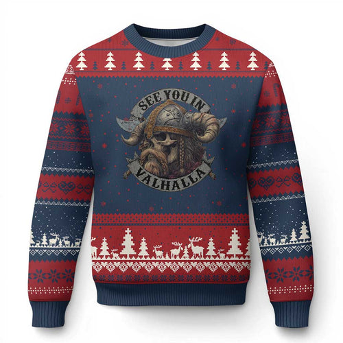 See You In Valhalla Ugly Christmas Sweater Nordic Norse Viking Warrior Skull - Wonder Print Shop