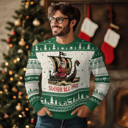 Funny Christmas Santa Viking Ugly Christmas Sweater Sleigh All Day Xmas Pagan Norse Longship - Wonder Print Shop