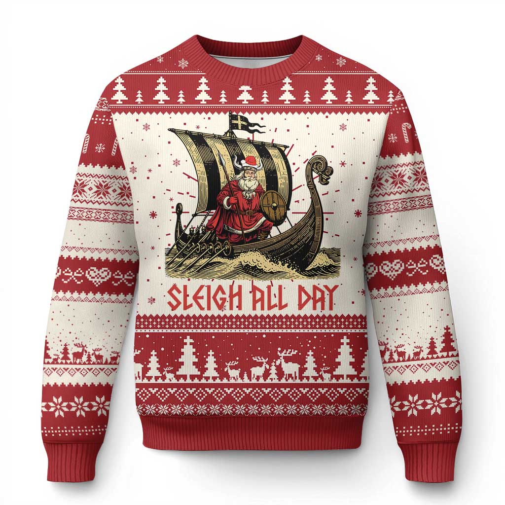 Funny Christmas Santa Viking Ugly Christmas Sweater Sleigh All Day Xmas Pagan Norse Longship - Wonder Print Shop