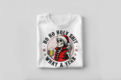 Ho Ho Holy Sh*t What a Year – Skeleton Santa Beer Funny Christmas Shirt