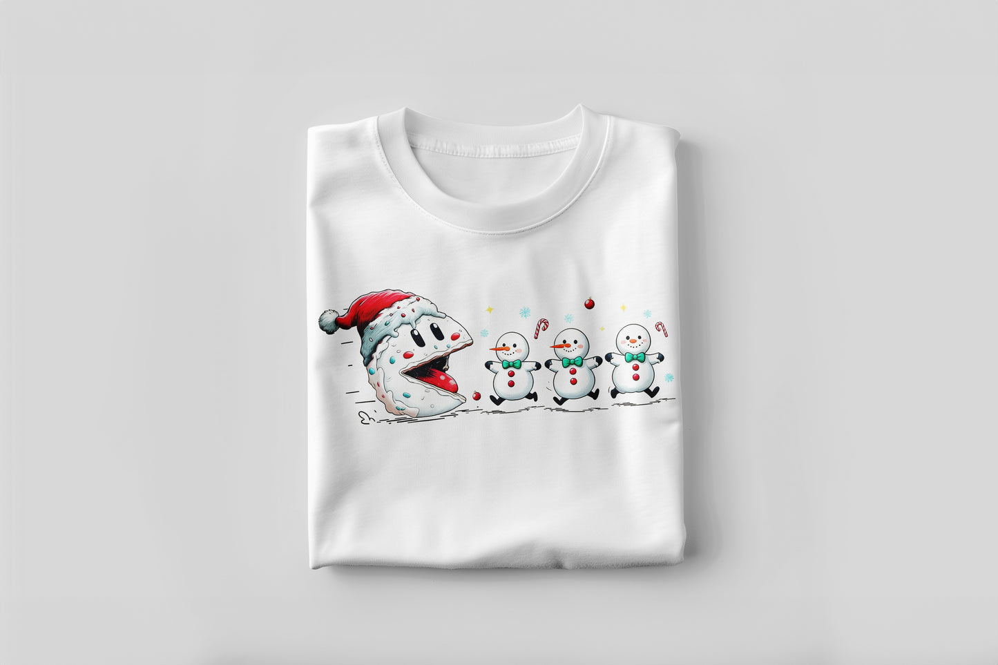 Snowball Chomp – Pac-Style Snowmen Funny Holiday T-Shirt