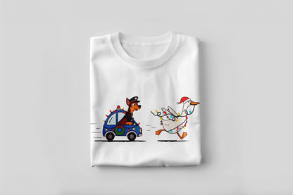 Goose on the Loose – Holiday Police Pup Chase Funny Xmas Tee
