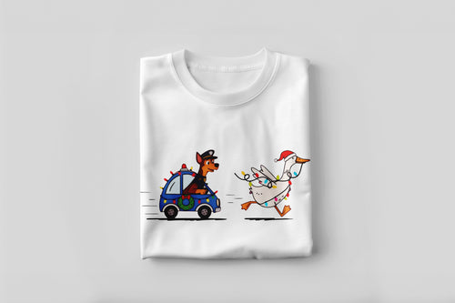 Goose on the Loose – Holiday Police Pup Chase Funny Xmas Tee
