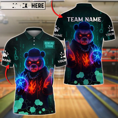 Bowling And Pins Neon Flame Panda Customized Name, Team Name 3D Shirt