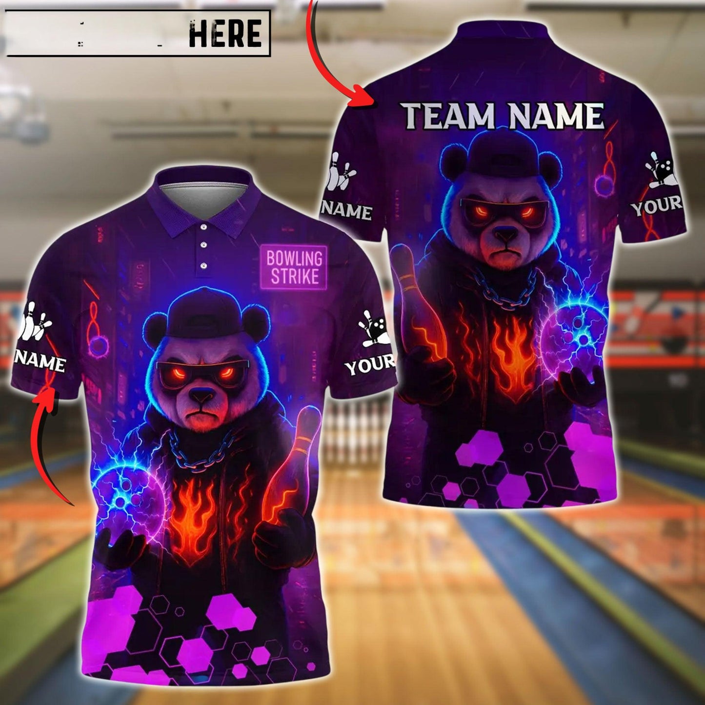 Bowling And Pins Neon Flame Panda Customized Name, Team Name 3D Shirt