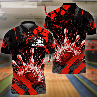 Bowling And Pins Grunge Flame Customized Name 3D Shirt ( 4 Colors)