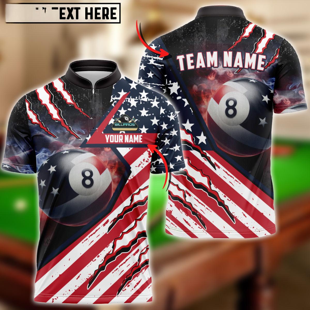 Billiards 8 Ball American Flag Patriot Personalized Name, Team Name Shirt