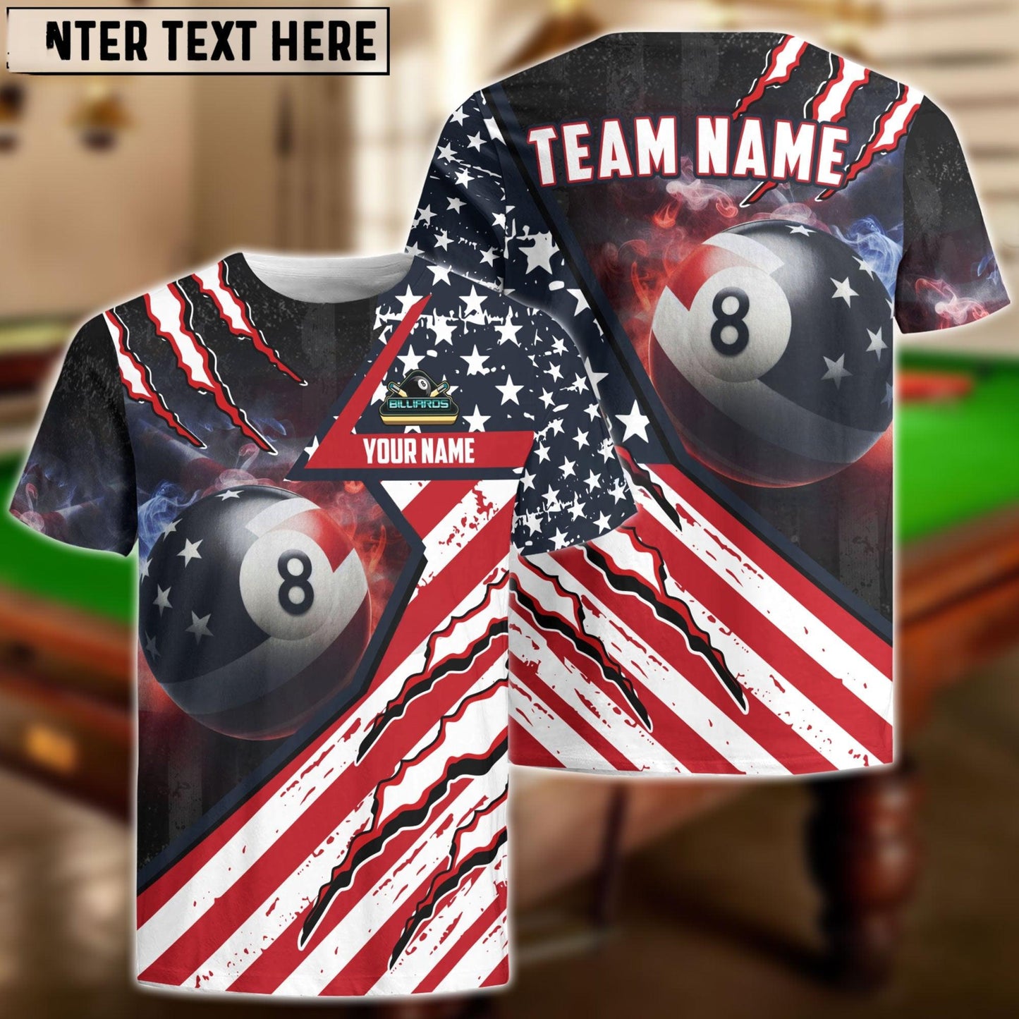 Billiards 8 Ball American Flag Patriot Personalized Name, Team Name Shirt