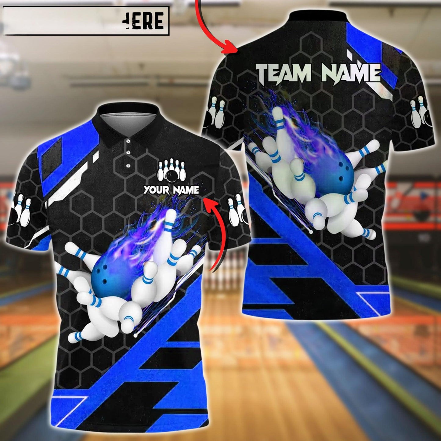 Bowling And Pins Flame Hexagon Pattern Customized Name, Team Name 3D Shirt