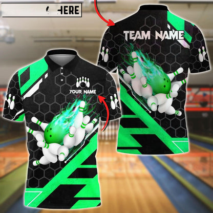 Bowling And Pins Flame Hexagon Pattern Customized Name, Team Name 3D Shirt