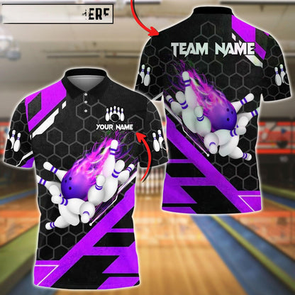 Bowling And Pins Flame Hexagon Pattern Customized Name, Team Name 3D Shirt