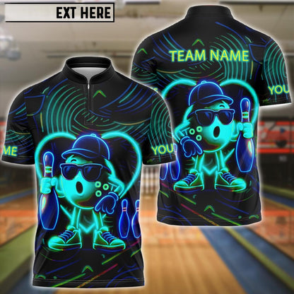 Bowling Ball & Pins Neon Funny Customized Name, Team Name 3D Shirt (4 Colors)