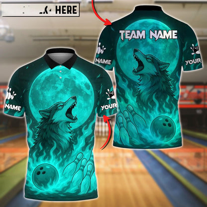 Bowling And Pins Flame Moon Wolf Customized Name, Team Name 3D Shirt