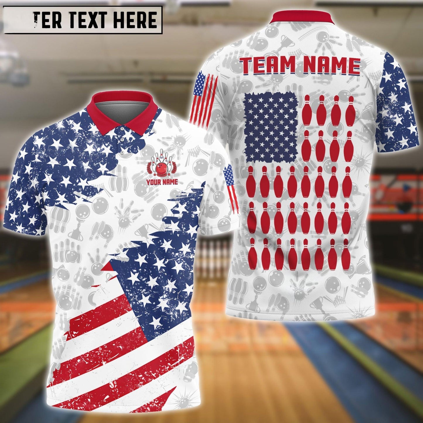 Bowling And Pins US Flag Bowling Pattern Customized Name, Team Name 3D Shirt (Black & White)