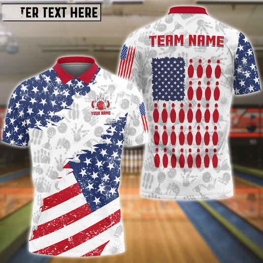 Bowling And Pins US Flag Bowling Pattern Customized Name, Team Name 3D Shirt (Black & White)