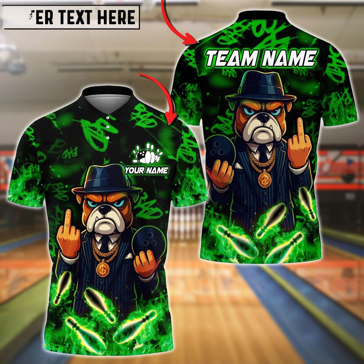 Custom Bowling Polo Shirt, Cartoon Gangster Dog With Bowling Design, Personalized Bowling Polo for Men Women,Personalized Name Team 3D Shirt