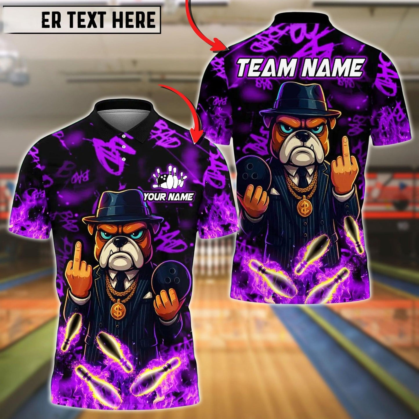 Custom Bowling Polo Shirt, Cartoon Gangster Dog With Bowling Design, Personalized Bowling Polo for Men Women,Personalized Name Team 3D Shirt