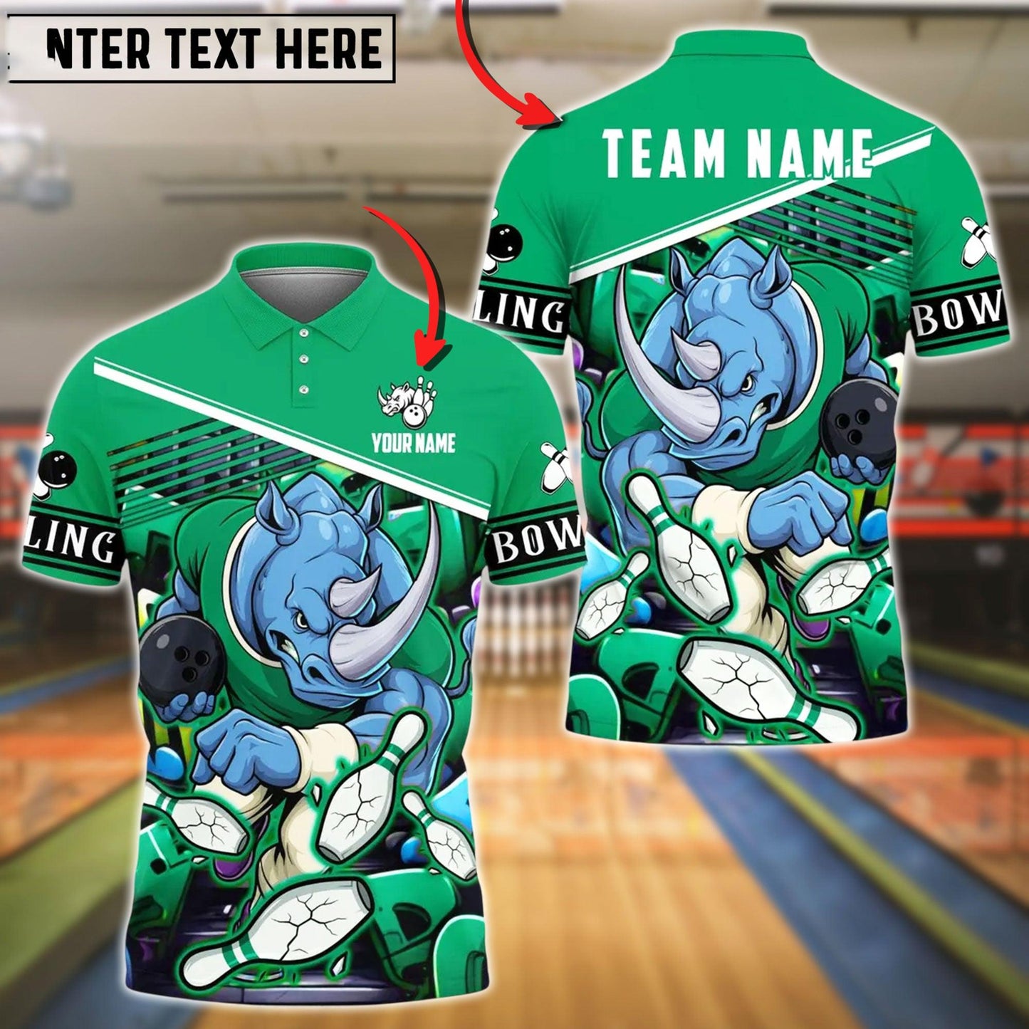 Bowling And Pins Rhino Crush Strike Customized Name, Team Name 3D Shirt