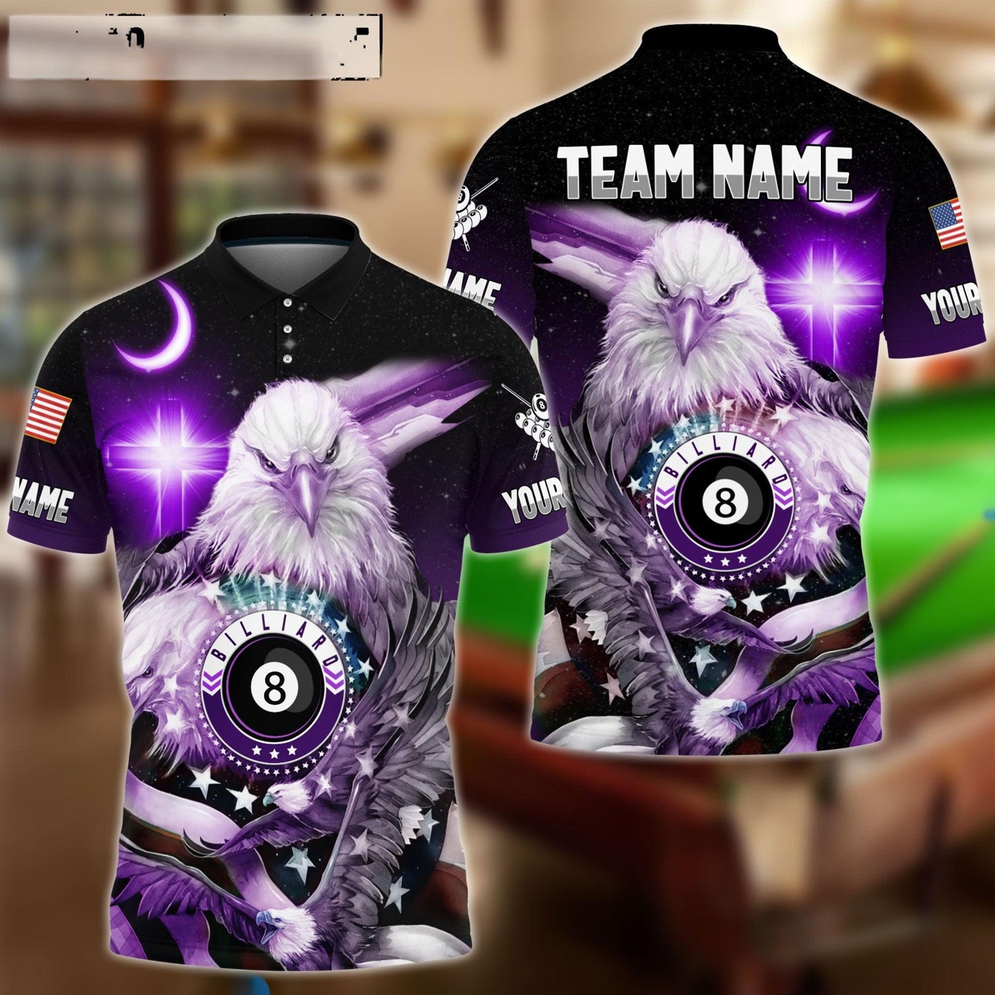 Billiards Ball 8 Cross Eagle American Flag Personalized Name & Team Name Shirt (4 Colors)