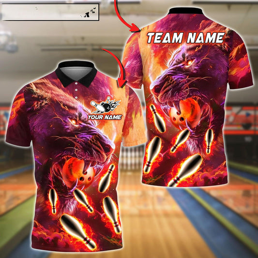 Bowling And Pins Flame Super Lion Customized Name, Team Name 3D Shirt