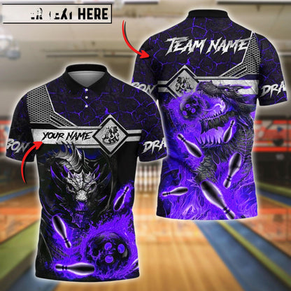 Bowling Ball & Pins Fire Dragon Customized Name, Team Name 3D Shirt (4 Colors)