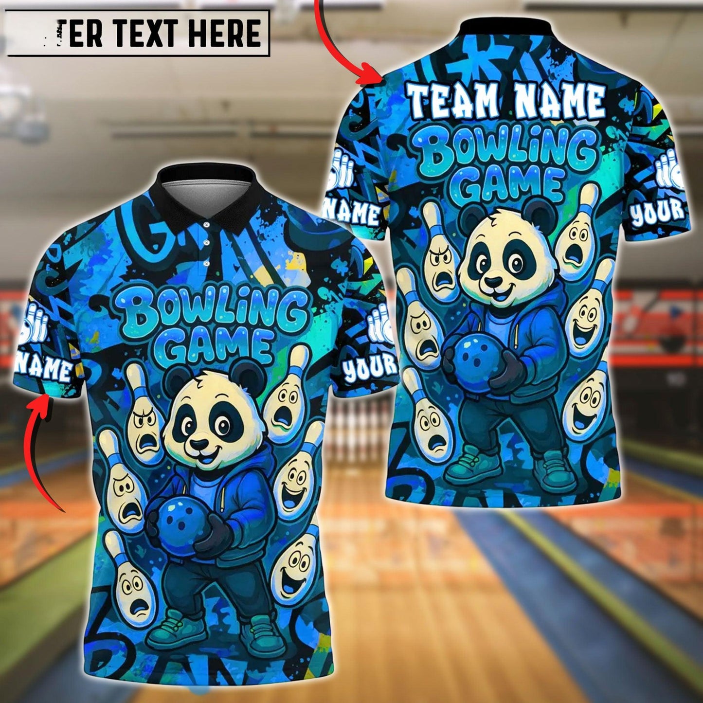 Bowling And Pins Panda Cartoon Customized Name, Team Name 3D Shirt