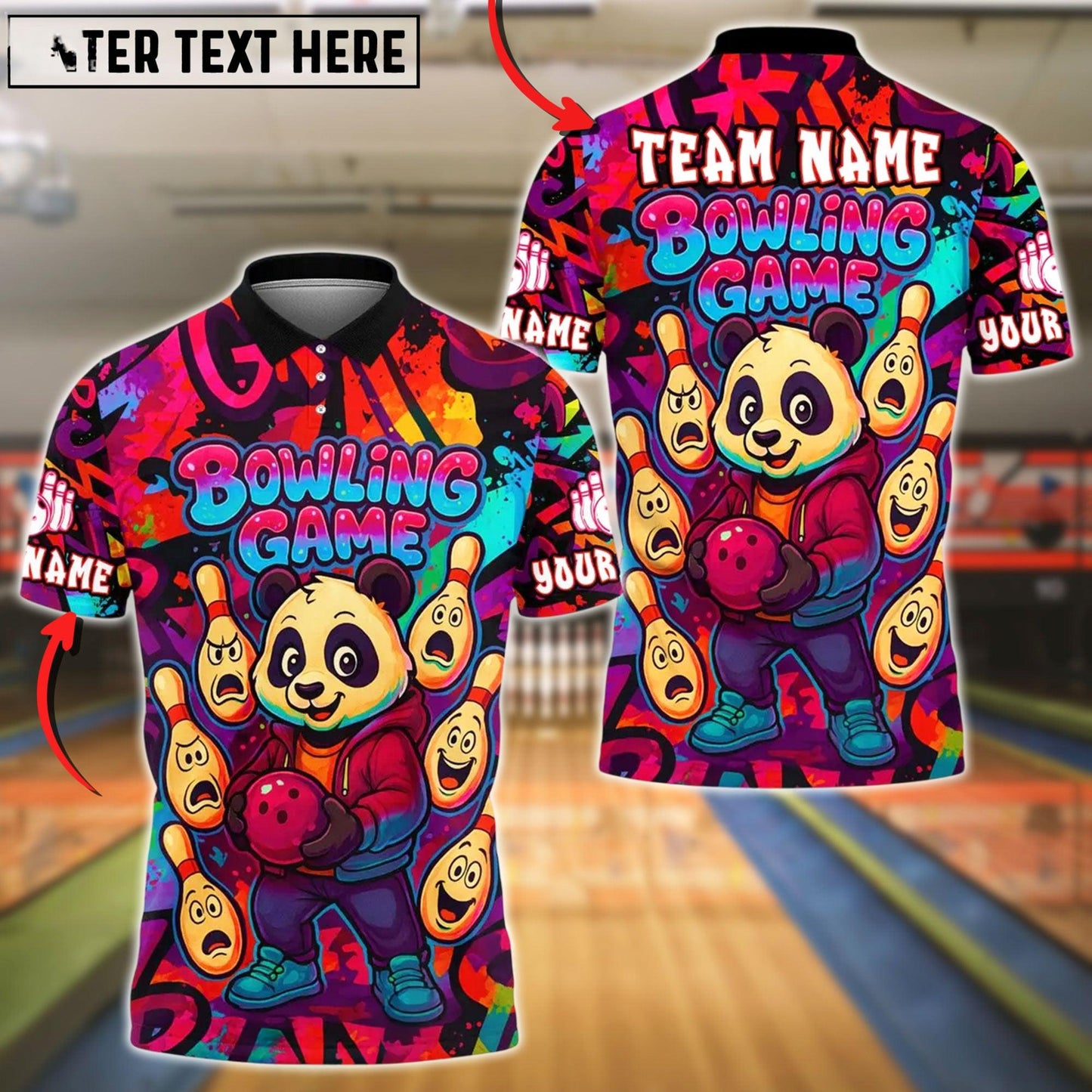 Bowling And Pins Panda Cartoon Customized Name, Team Name 3D Shirt