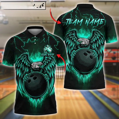 Bowling Ball & Pins Fire Eagle Fury Customized Name, Team Name 3D Shirt (4 Colors)