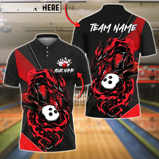 Bowling And Pins Flame Dragon Strike Customized Name, Team Name 3D Shirt