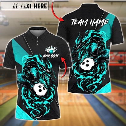 Bowling And Pins Flame Dragon Strike Customized Name, Team Name 3D Shirt