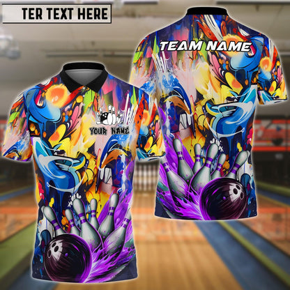 Bowling Ball & Pins Strike Explosion Graffiti Style Customized Name, Team Name 3D Shirt (4 Colors)