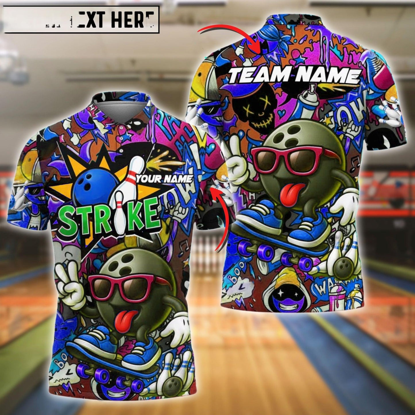 Bowling Street Strike Graffiti Skater Style Customized Name, Team Name 3D Shirt (4 Colors)